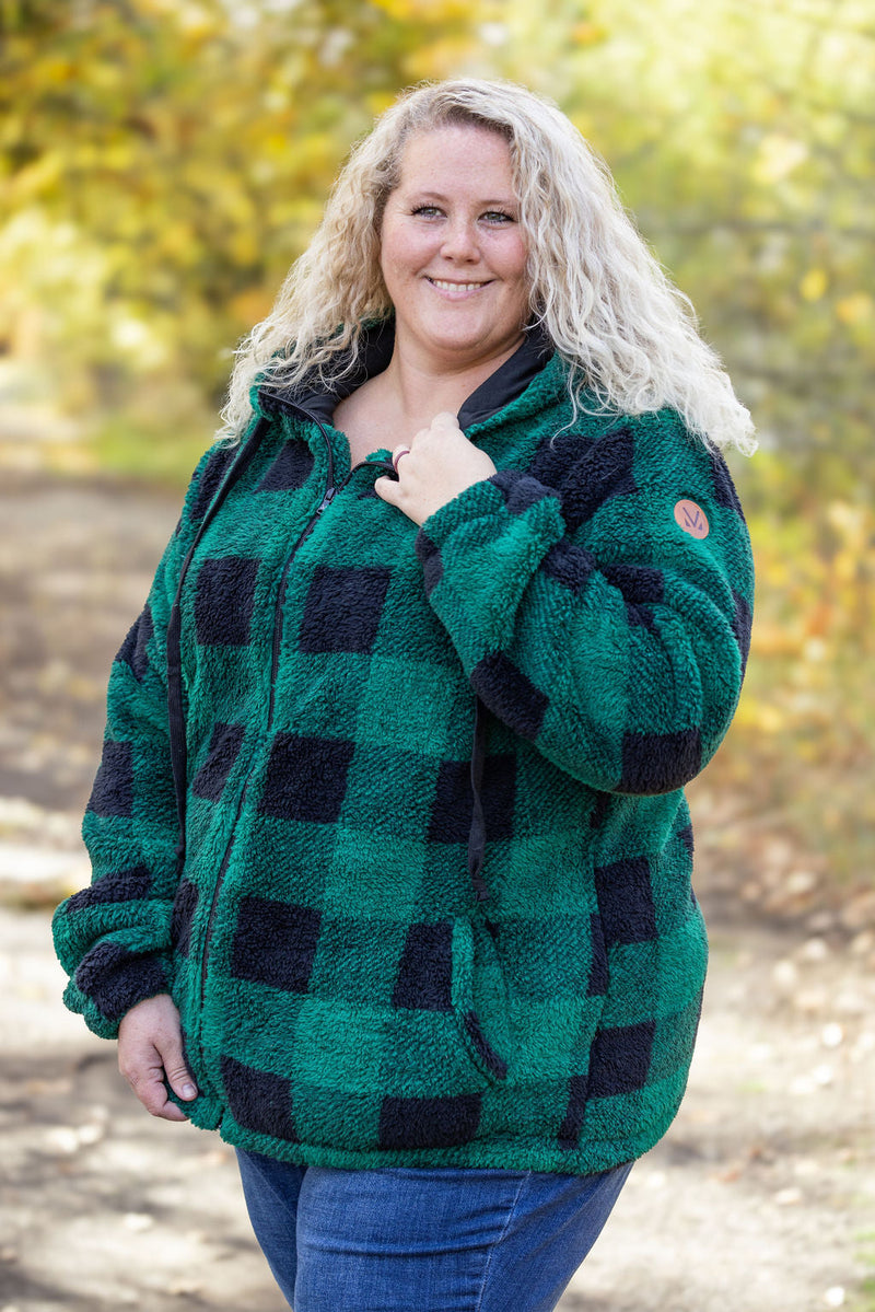 IN STOCK Sherpa Fullzip Hoodie - Green Plaid