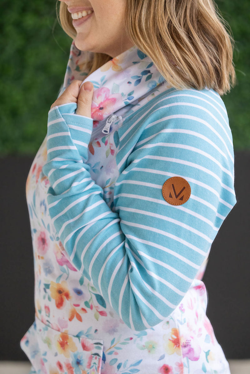 IN STOCK Zoey ZipCowl Sweatshirt - Watercolor Floral and Stripes