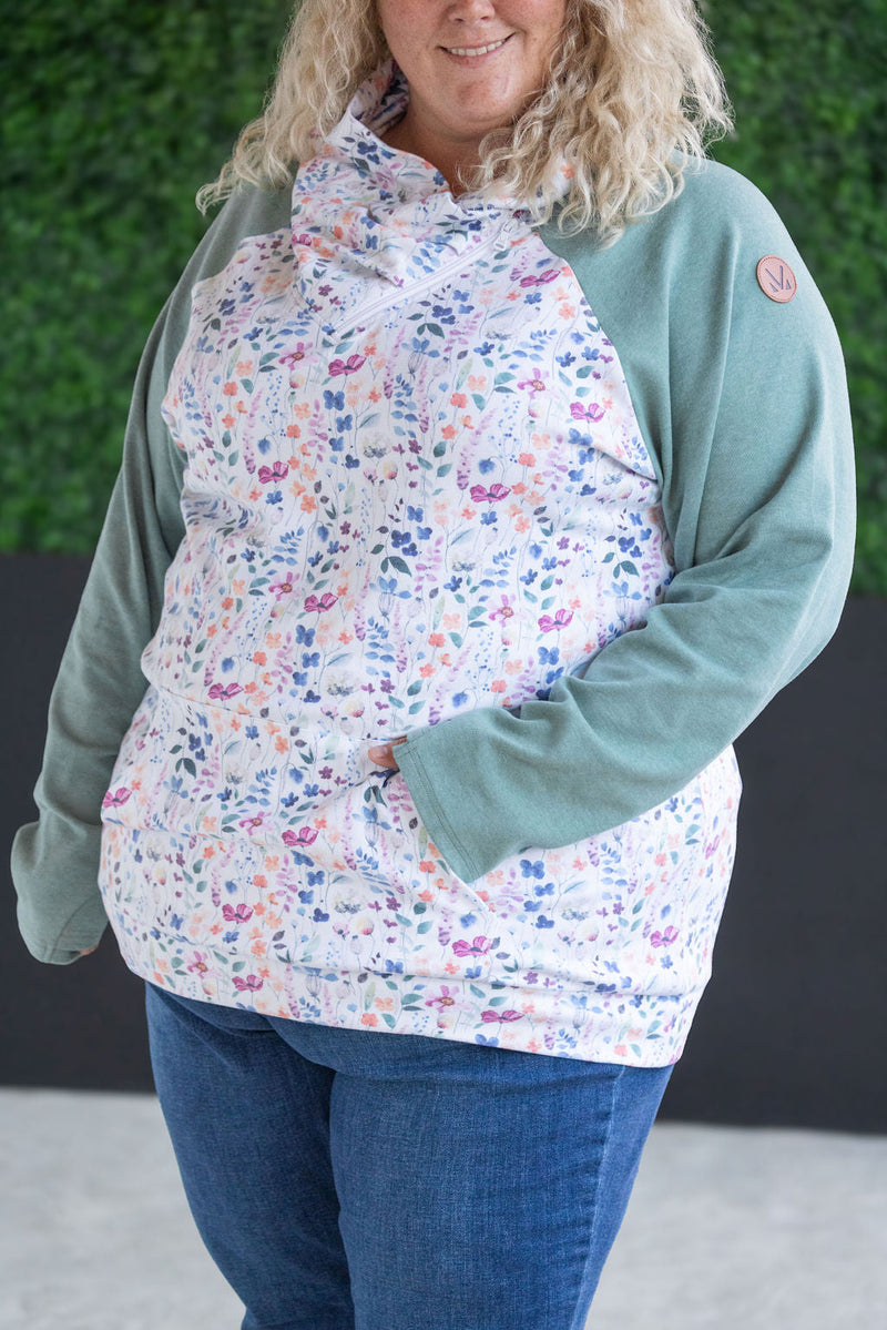 IN STOCK Zoey ZipCowl Sweatshirt - Sage and Floral Paradise