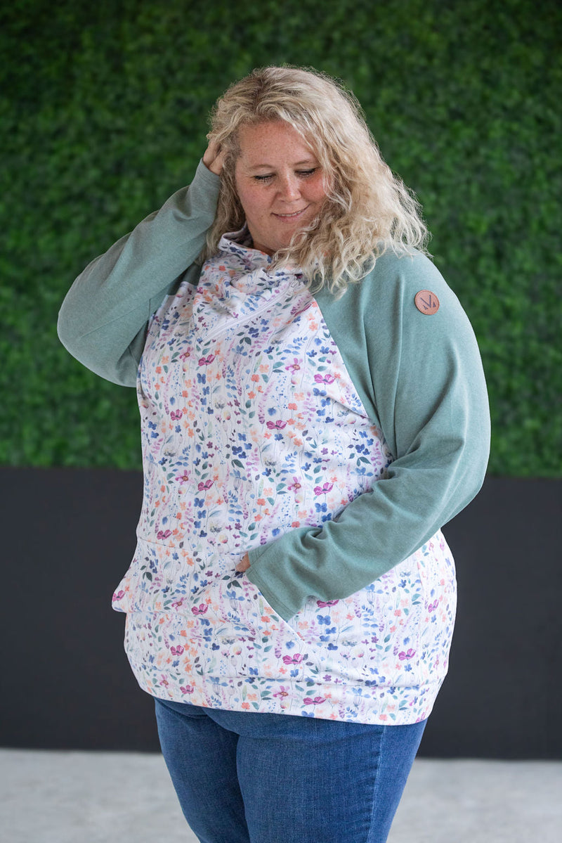 IN STOCK Zoey ZipCowl Sweatshirt - Sage and Floral Paradise