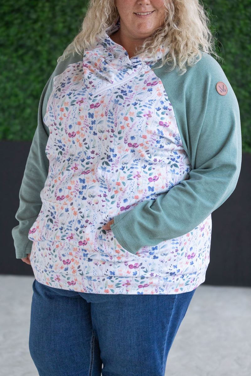 IN STOCK Zoey ZipCowl Sweatshirt - Sage and Floral Paradise