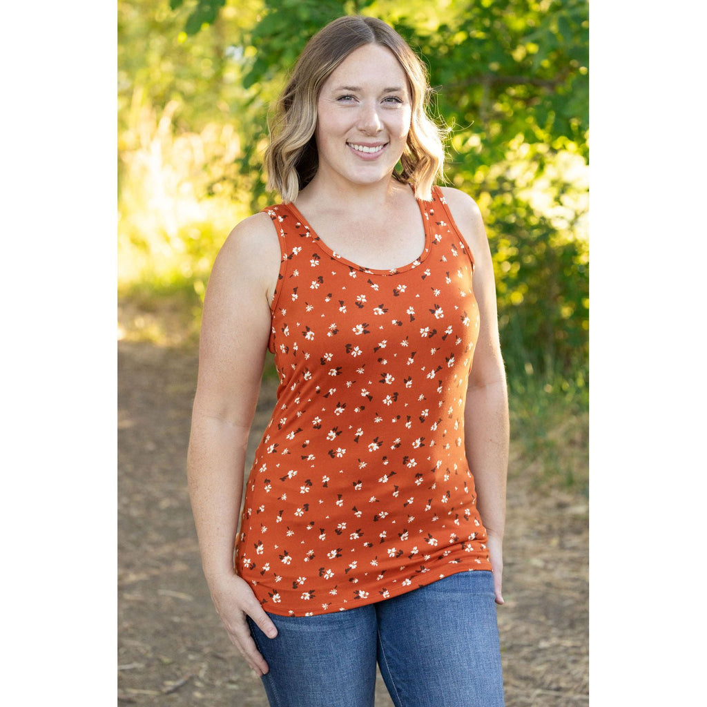 luxe crew tank rust floral womens tank top