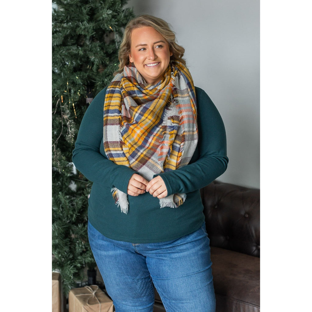Blanket Scarf - Mustard and Blue Plaid | Women's Scarf 