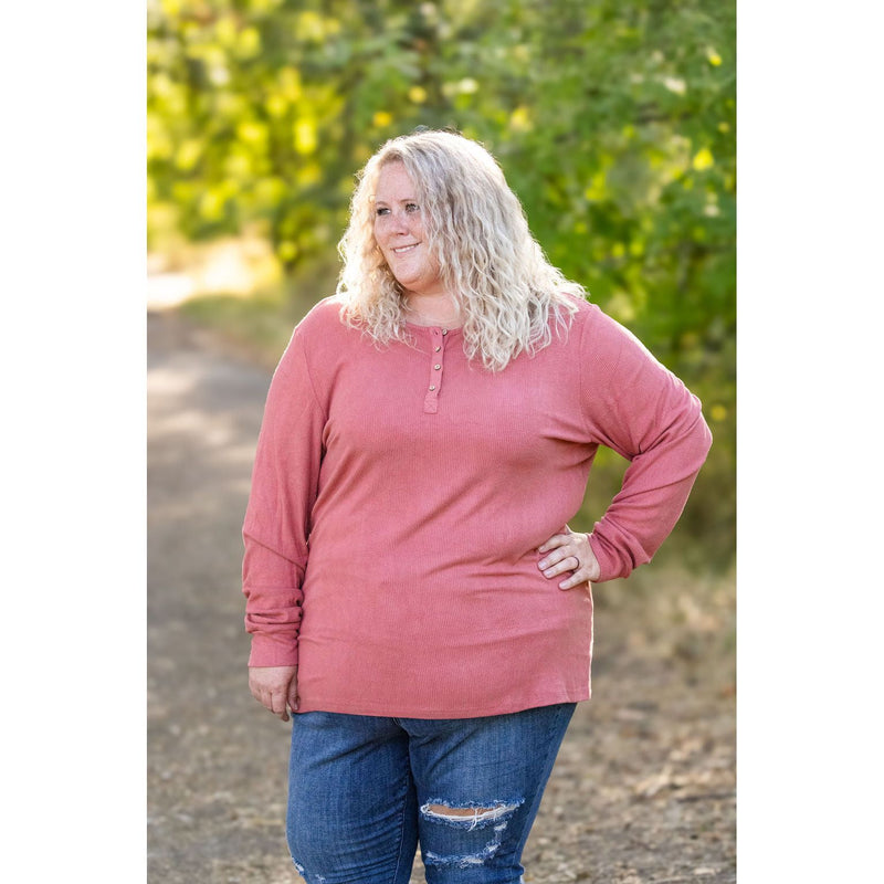 IN STOCK Brielle Henley Ribbed Long Sleeve - Terra Cotta