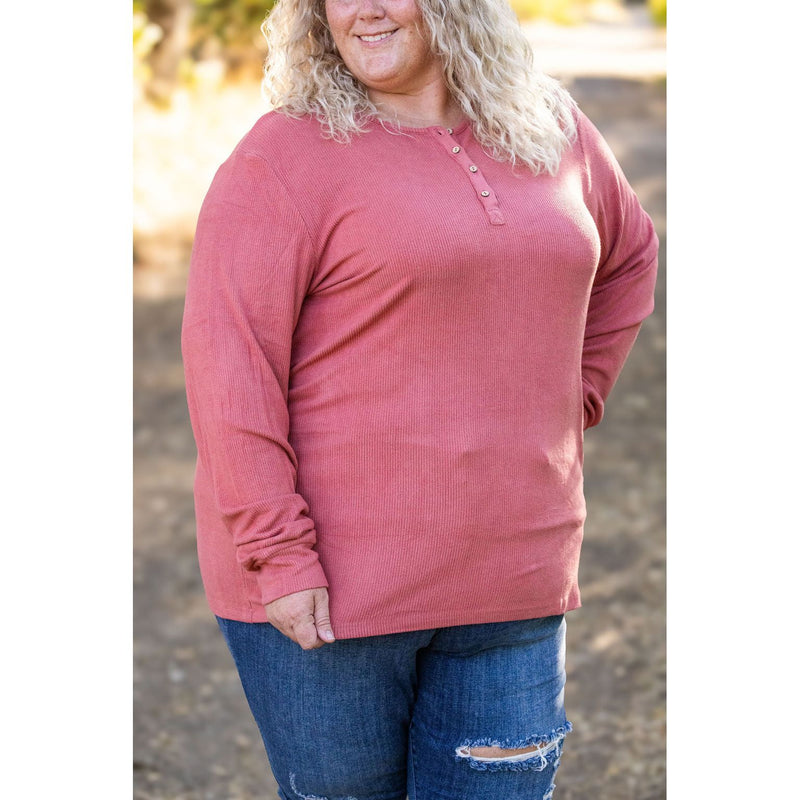 IN STOCK Brielle Henley Ribbed Long Sleeve - Terra Cotta