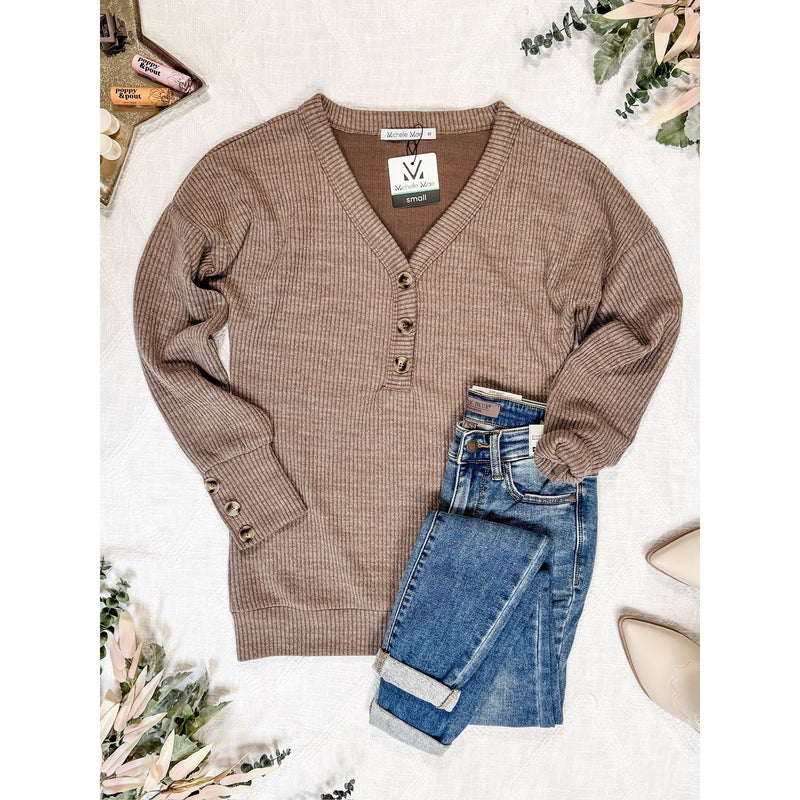 IN STOCK Brittney Button Sweater - Mocha FINAL SALE