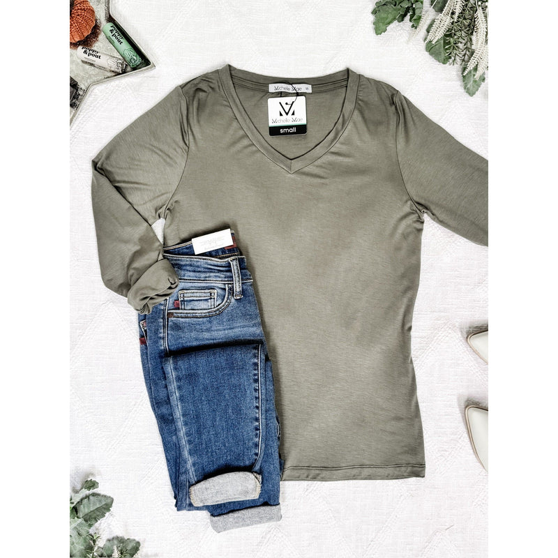 IN STOCK Larissa Long Sleeve - Olive | Women's V-Neck Top