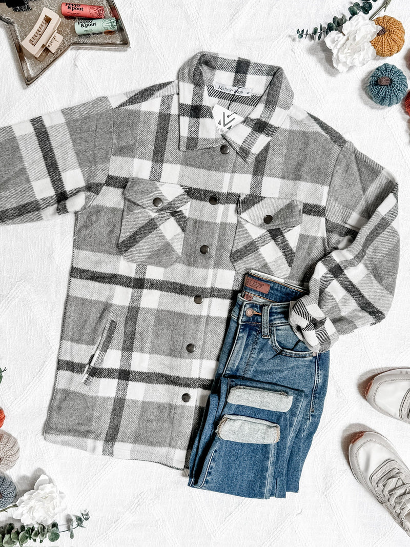 IN STOCK Norah Plaid Shacket - Classic Grey and White | Women's Shacket FINAL SALE