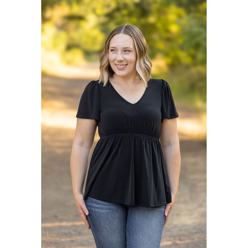 emery ruffle top black short sleeve womens top