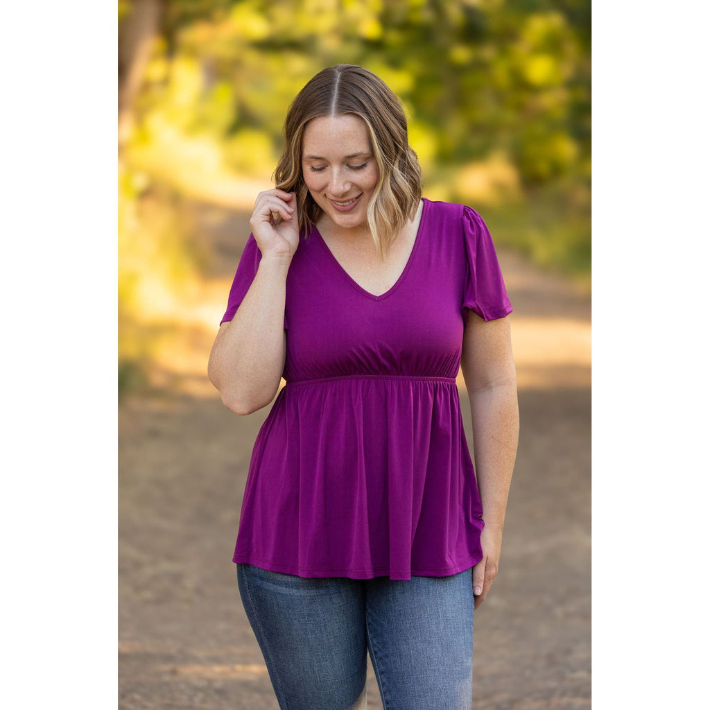 emery ruffle top purple womens short sleeve top