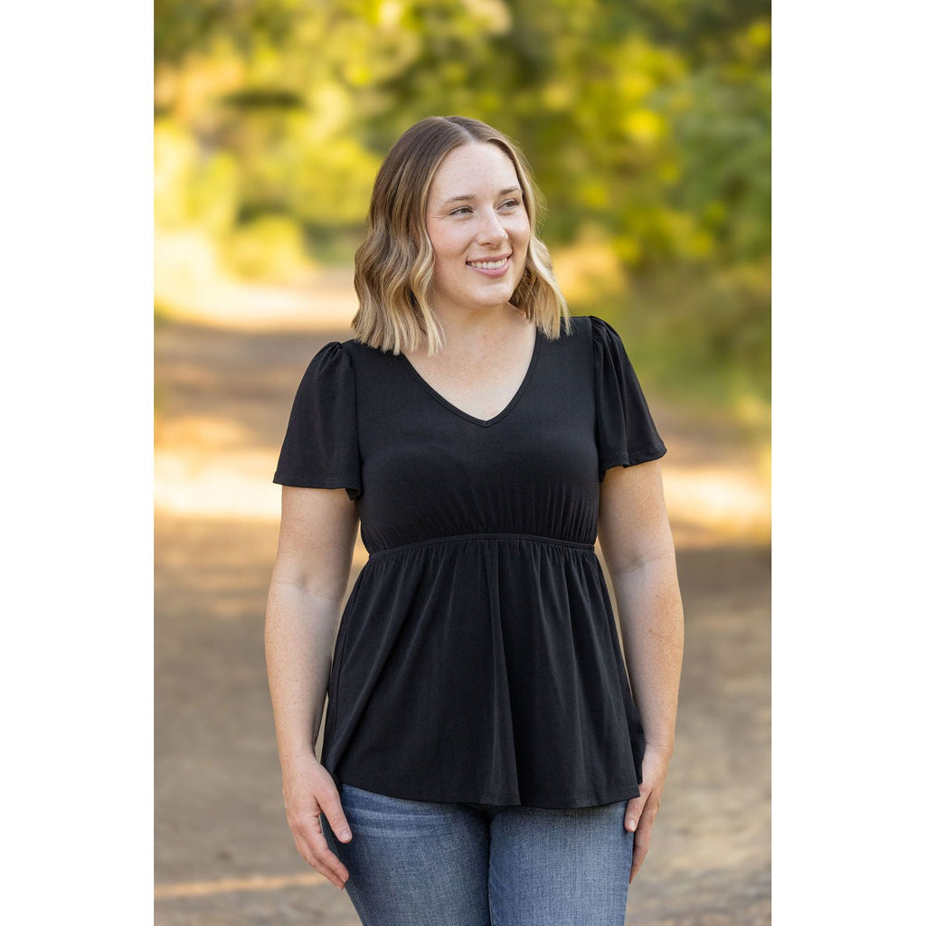 emery ruffle top black short sleeve womens top